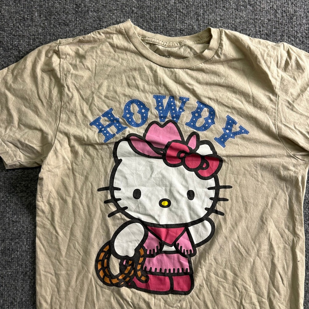 Hello Kitty T-Shirt Womens Size S Tan Cowgirl Western Howdy Graphic Cotton Tee
